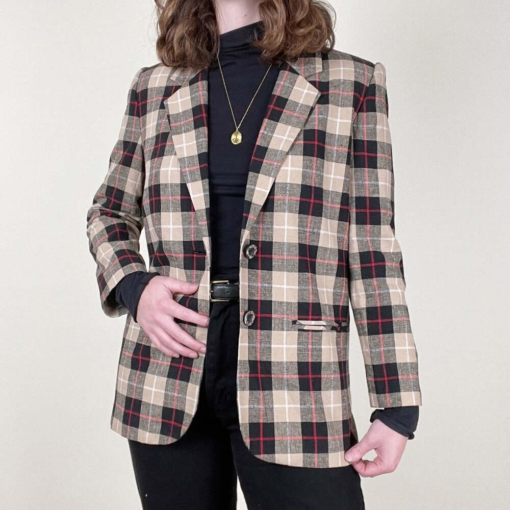 Vintage Linen Plaid Oversized Blazer Jacket Pea Coat Preppy Academia Old Money